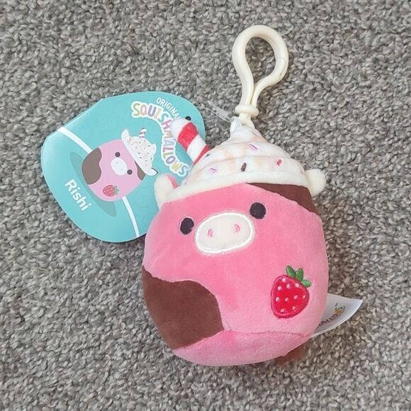 New With Tag Squishmallow 3.5" Rishi‎ The Strawberry Milkshake Cow Plush Clip - Picture 4 of 10